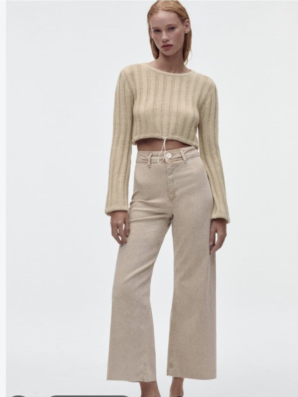 Zara The Marine Straight High Rise Cropped Tan Jeans Size 6